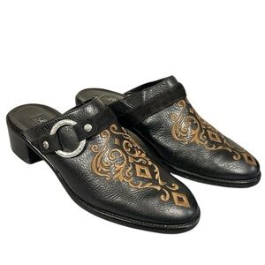 Brighton Jester Black Leather Embroidered Saddle Ring Heeled Mule Size 8.5 M